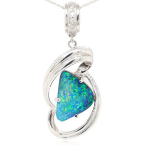 White Gold Blue Green Orange Unset Solid Australian Boulder Opal and Diamond Pendant Necklace