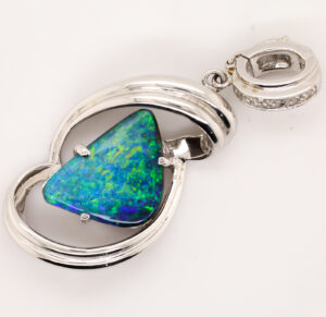 White Gold Blue Green Orange Unset Solid Australian Boulder Opal and Diamond Pendant Necklace