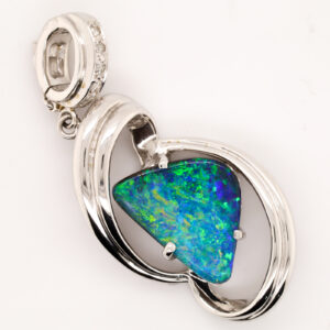 White Gold Blue Green Orange Unset Solid Australian Boulder Opal and Diamond Pendant Necklace