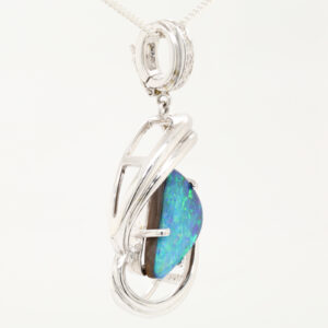 White Gold Blue Green Orange Unset Solid Australian Boulder Opal and Diamond Pendant Necklace