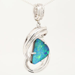 White Gold Blue Green Orange Unset Solid Australian Boulder Opal and Diamond Pendant Necklace