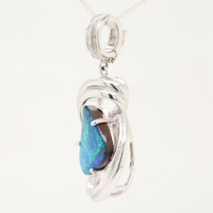 White Gold Blue Green Orange Unset Solid Australian Boulder Opal and Diamond Pendant Necklace