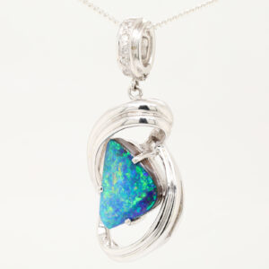 White Gold Blue Green Orange Unset Solid Australian Boulder Opal and Diamond Pendant Necklace