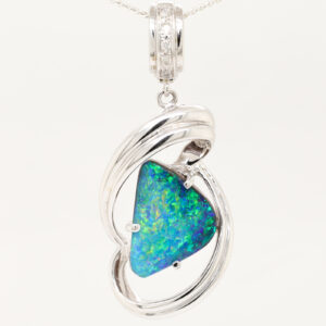 White Gold Blue Green Orange Unset Solid Australian Boulder Opal and Diamond Pendant Necklace