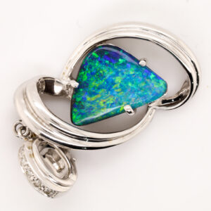 White Gold Blue Green Orange Unset Solid Australian Boulder Opal and Diamond Pendant Necklace