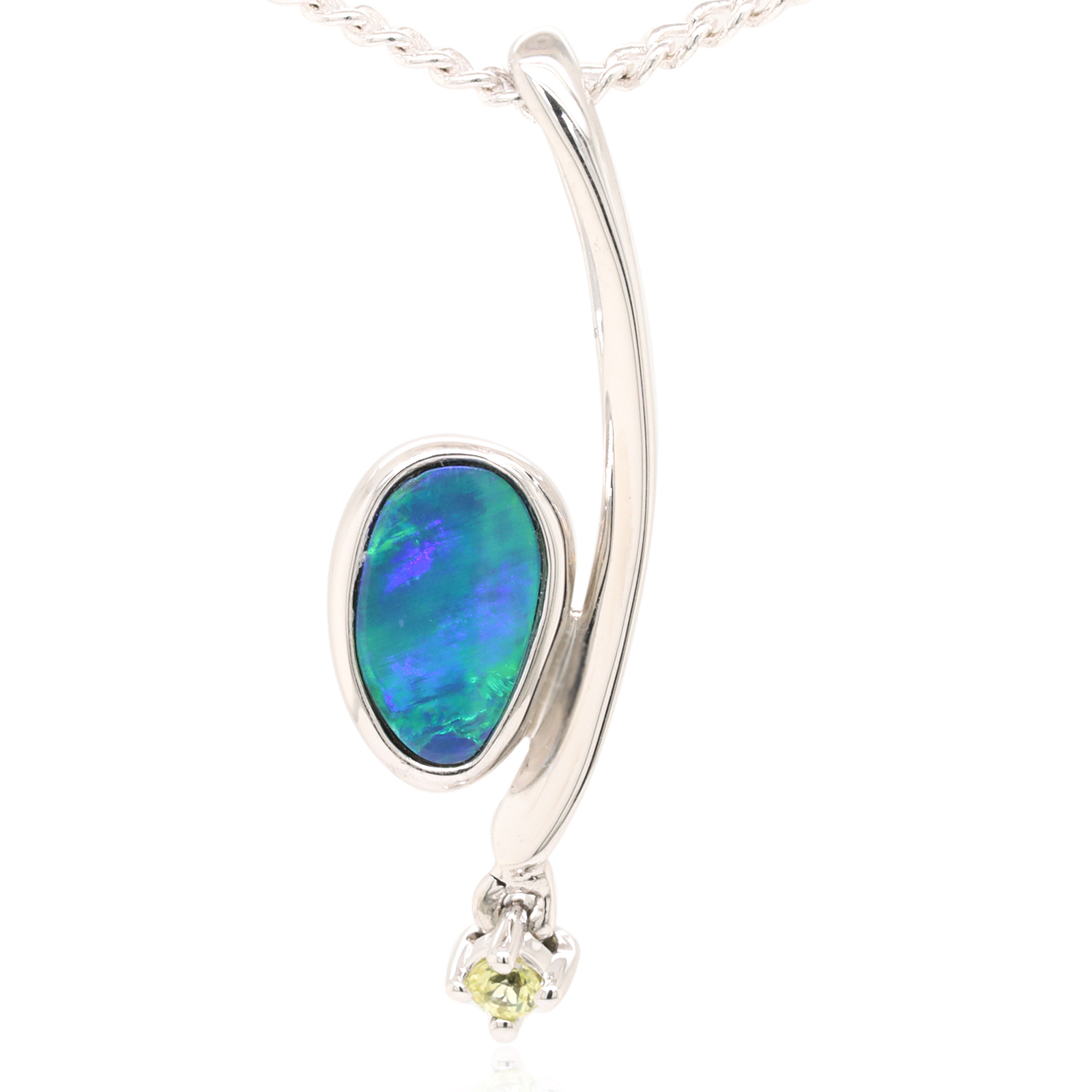 Blue Green White Gold Australian Doublet Opal and Diamond Necklace Pendant