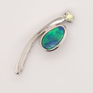 Blue Green White Gold Australian Doublet Opal and Diamond Necklace Pendant