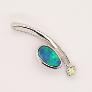 Blue Green White Gold Australian Doublet Opal and Diamond Necklace Pendant