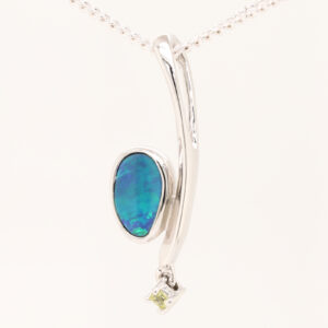 Blue Green White Gold Australian Doublet Opal and Diamond Necklace Pendant