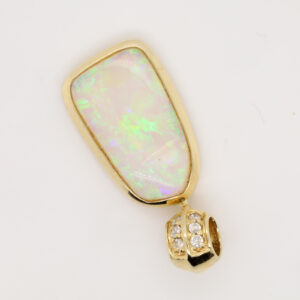 Blue and Green Yellow Gold Solid Australian Crystal Opal Necklace Pendant with Diamonds