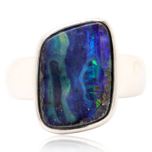 Blue, Purple and Green Sterling Silver Solid Australian Boulder Opal Ring