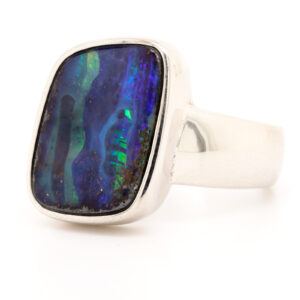 Blue, Purple and Green Sterling Silver Solid Australian Boulder Opal Ring