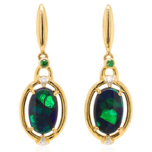 Blue Green Yellow Gold Solid Australian Black Opal and Garnet Drop Earrings