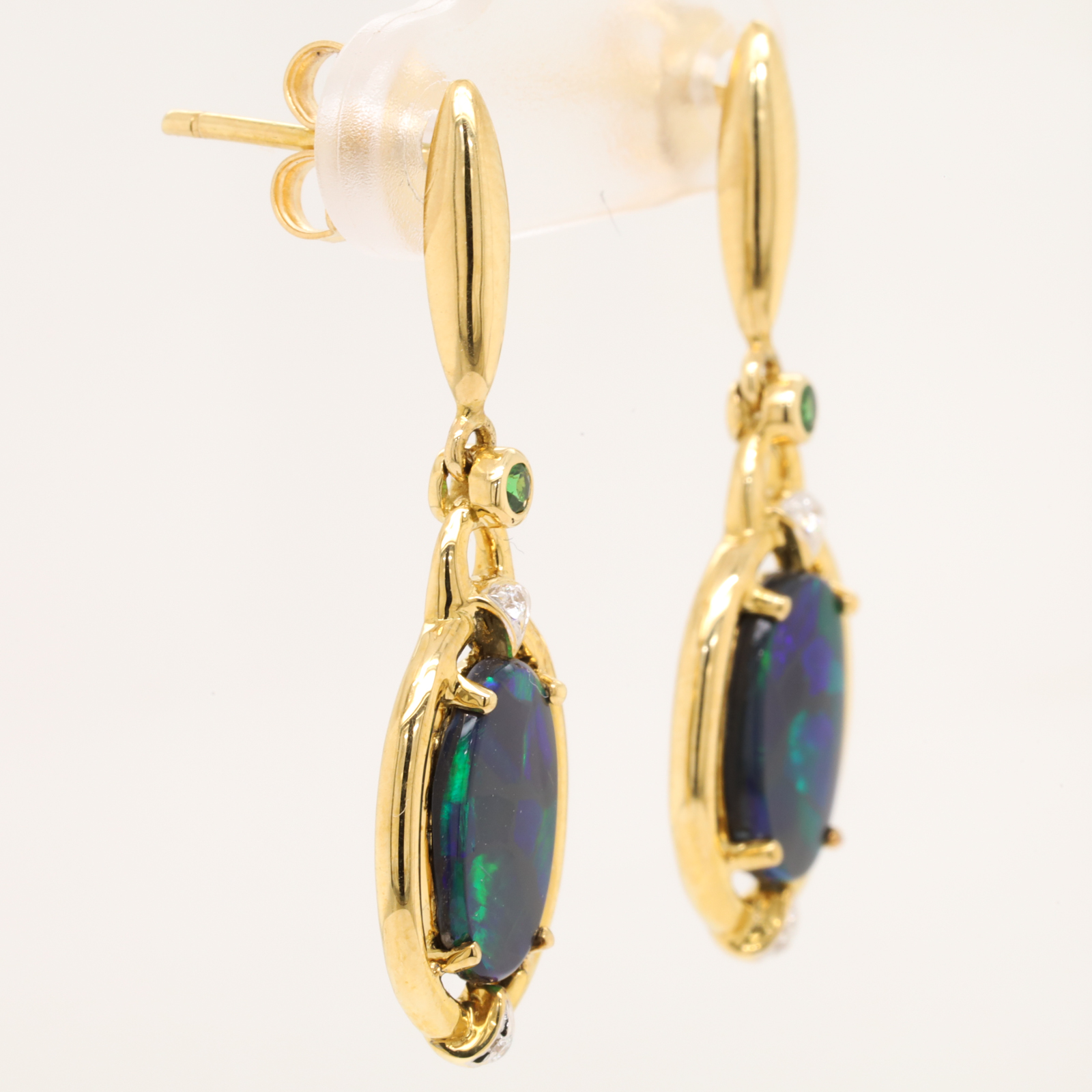 Blue Green Yellow Gold Solid Australian Black Opal and Garnet Drop Earrings