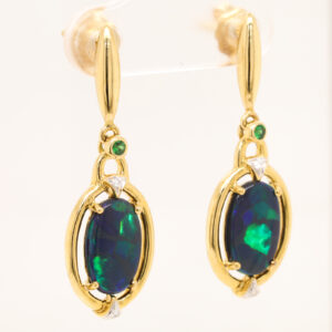 Blue Green Yellow Gold Solid Australian Black Opal and Garnet Drop Earrings