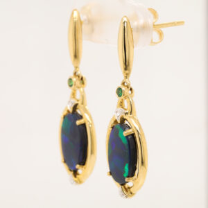 Blue Green Yellow Gold Solid Australian Black Opal and Garnet Drop Earrings