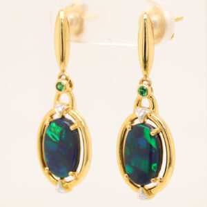 Blue Green Yellow Gold Solid Australian Black Opal and Garnet Drop Earrings