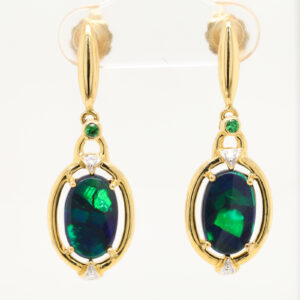 Blue Green Yellow Gold Solid Australian Black Opal and Garnet Drop Earrings