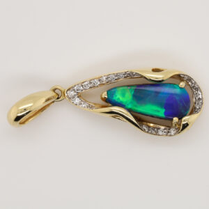 Yellow Gold Blue Green Solid Australian Boulder Opal Diamond Necklace Pendant
