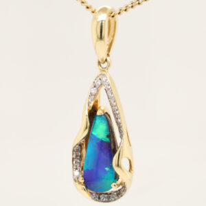 Yellow Gold Blue Green Solid Australian Boulder Opal Diamond Necklace Pendant
