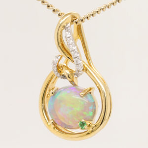 Blue and Green Yellow Gold Solid Australian Crystal Opal Necklace Pendant with Diamonds
