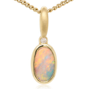 Green Orange and Blue Yellow Gold Solid Australian Semi Black Opal Necklace Pendant with Diamond