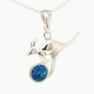 Blue Green Sterling Silver Kangaroo Australian Doublet Opal Necklace Pendant
