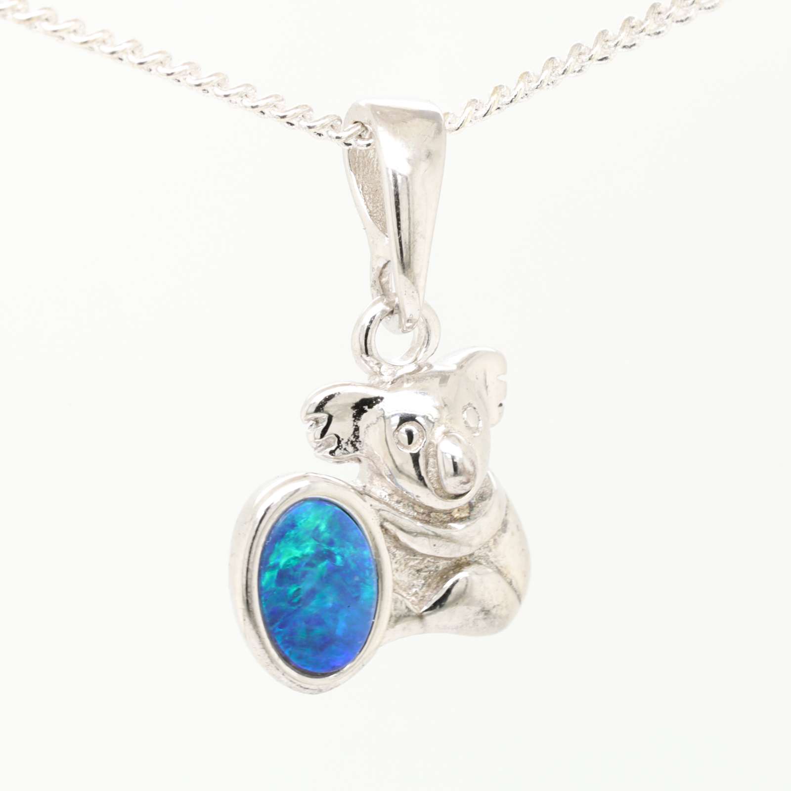 Blue Green Sterling Silver Koala Australian Doublet Opal Necklace Pendant
