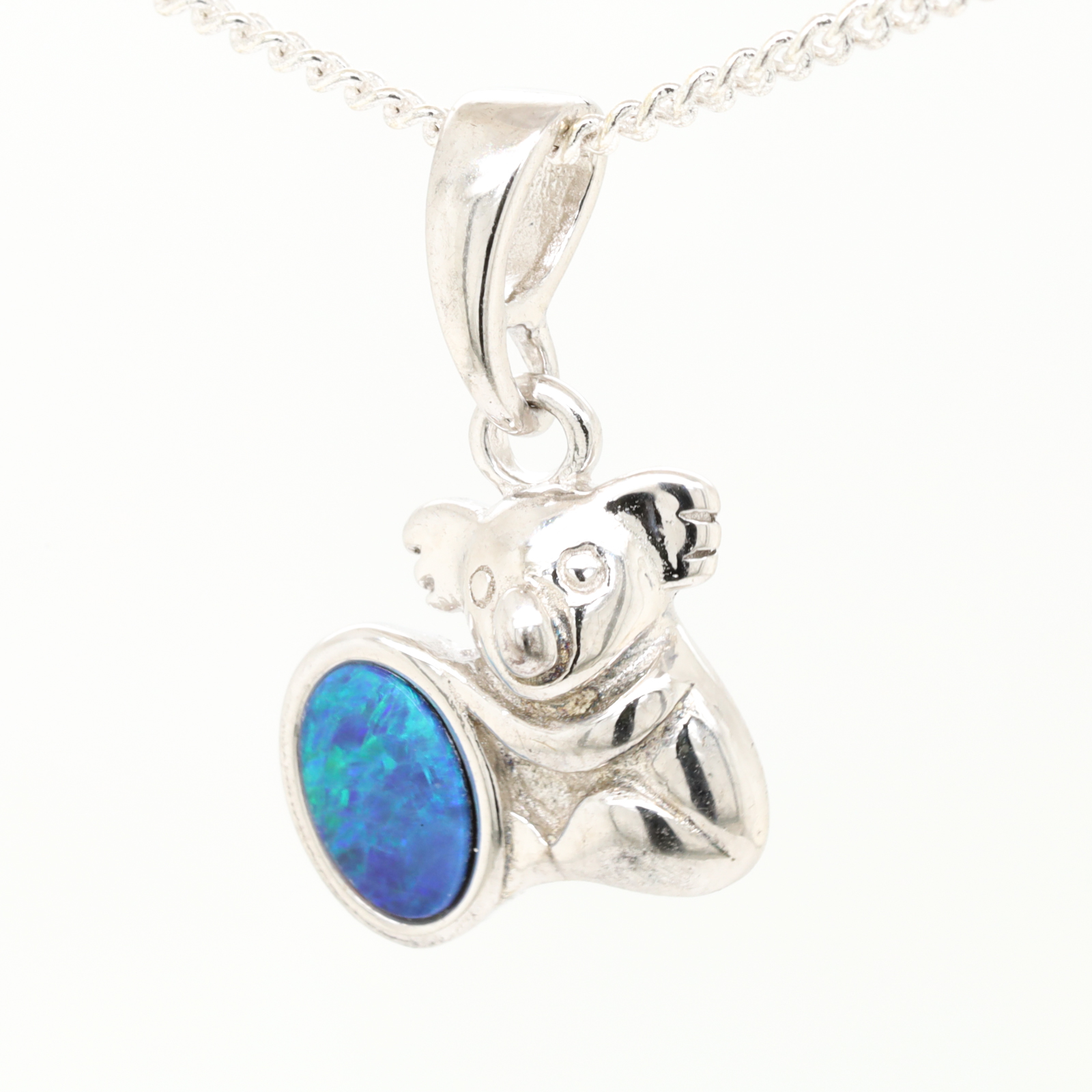 Blue Green Sterling Silver Koala Australian Doublet Opal Necklace Pendant