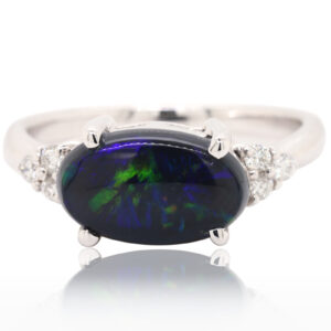 Blue and Green White Gold Solid Australian Black Opal Engagement Ring with Diamonds