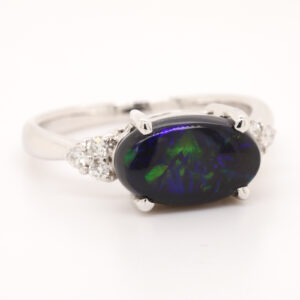 Blue and Green White Gold Solid Australian Black Opal Engagement Ring with Diamonds