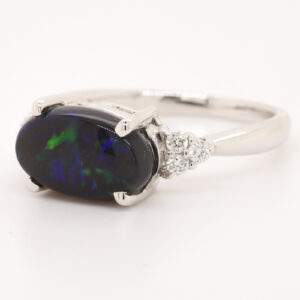 Blue and Green White Gold Solid Australian Black Opal Engagement Ring with Diamonds