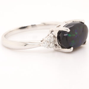 Blue and Green White Gold Solid Australian Black Opal Engagement Ring with Diamonds