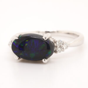 Blue and Green White Gold Solid Australian Black Opal Engagement Ring with Diamonds