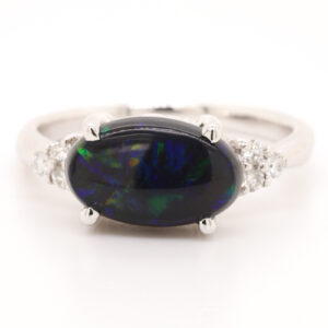 Blue and Green White Gold Solid Australian Black Opal Engagement Ring with Diamonds