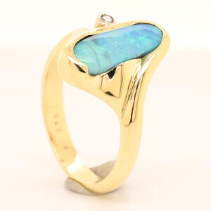 Blue Green Yellow Gold Solid Australian Boulder Opal Engagement Ring with Diamond Accent