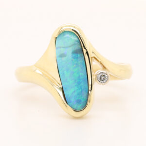 Blue Green Yellow Gold Solid Australian Boulder Opal Engagement Ring with Diamond Accent