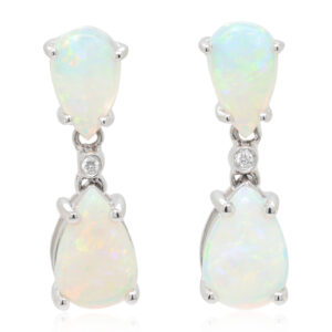 Blue Green White Gold Solid Australian Crystal Opal Diamond Drop Earrings