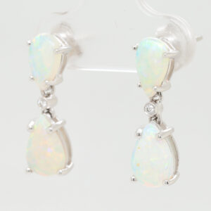 Blue Green White Gold Solid Australian Crystal Opal Diamond Drop Earrings