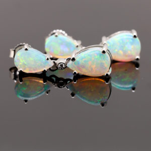 Blue Green White Gold Solid Australian Crystal Opal Diamond Drop Earrings