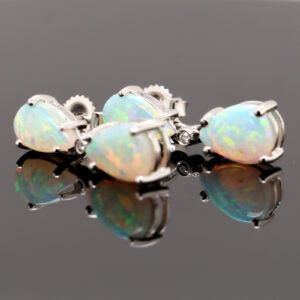 Blue Green White Gold Solid Australian Crystal Opal Diamond Drop Earrings