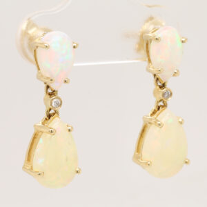 Blue Green Pink Yellow Gold Solid Australian Crystal Opal Diamond Drop Earrings