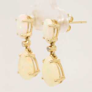 Blue Green Pink Yellow Gold Solid Australian Crystal Opal Diamond Drop Earrings