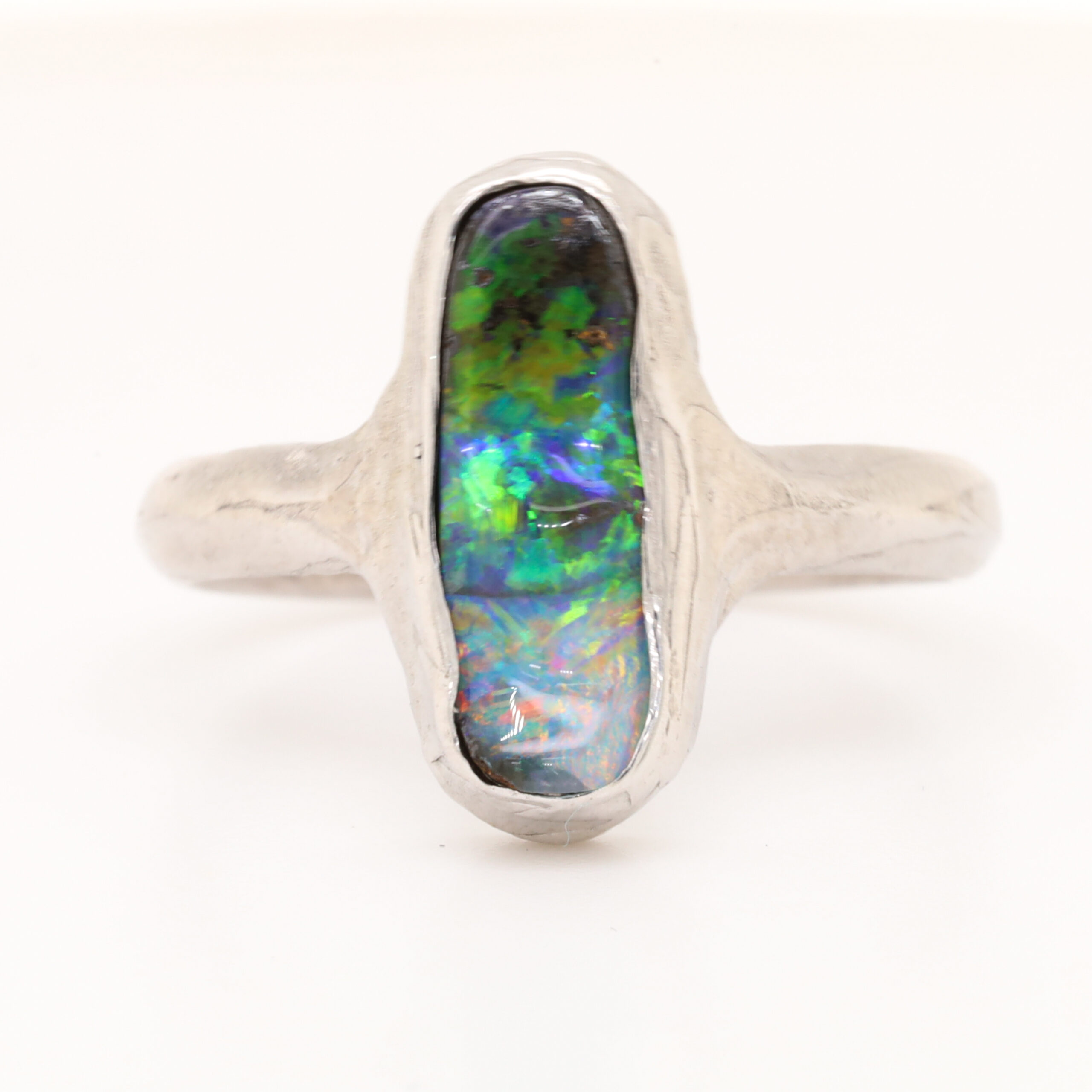 Blue, Pink and Green Sterling Silver Solid Australian Boulder Opal Ring