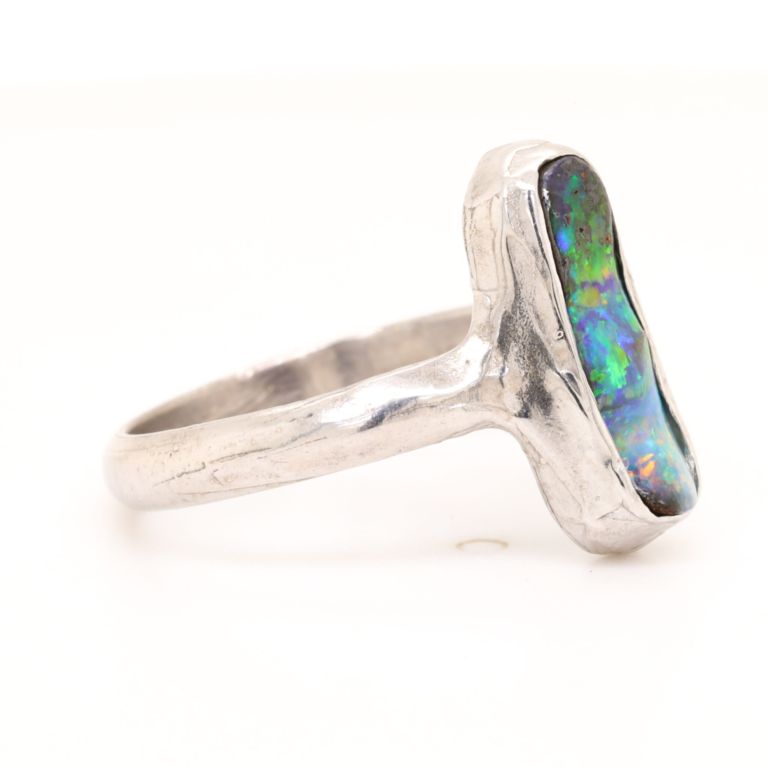 Blue, Pink and Green Sterling Silver Solid Australian Boulder Opal Ring