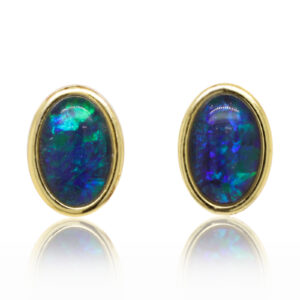 Green Blue Gold Plated Sterling Silver Australian Triplet Opal Stud Earrings