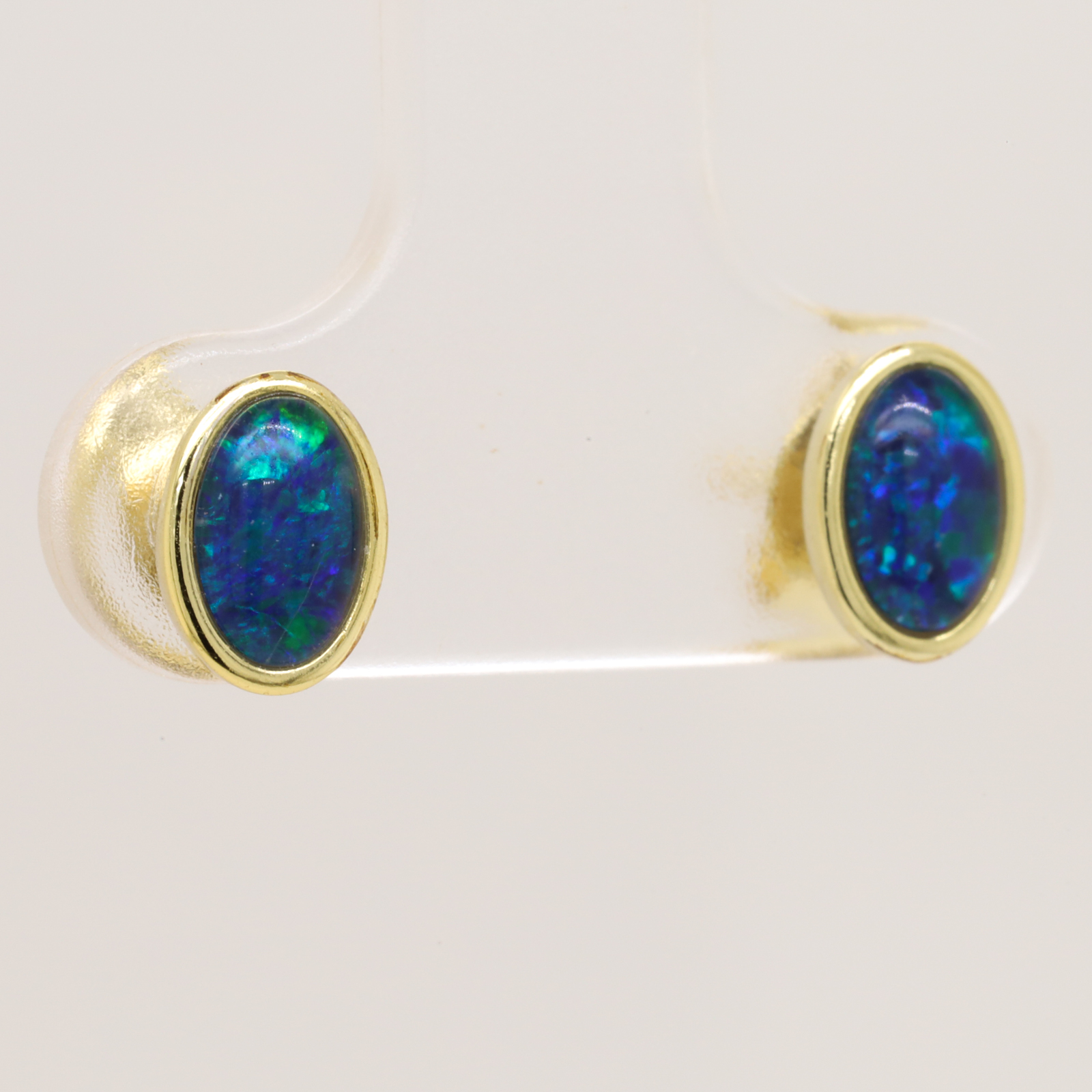 Green Blue Gold Plated Sterling Silver Australian Triplet Opal Stud Earrings