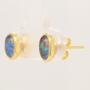 Red Blue Gold Plated Sterling Silver Australian Triplet Opal Stud Earrings