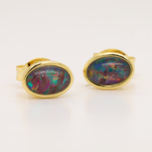 Red Blue Gold Plated Sterling Silver Australian Triplet Opal Stud Earrings