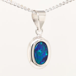 White Gold Blue Green Australian Doublet Opal Necklace Pendant